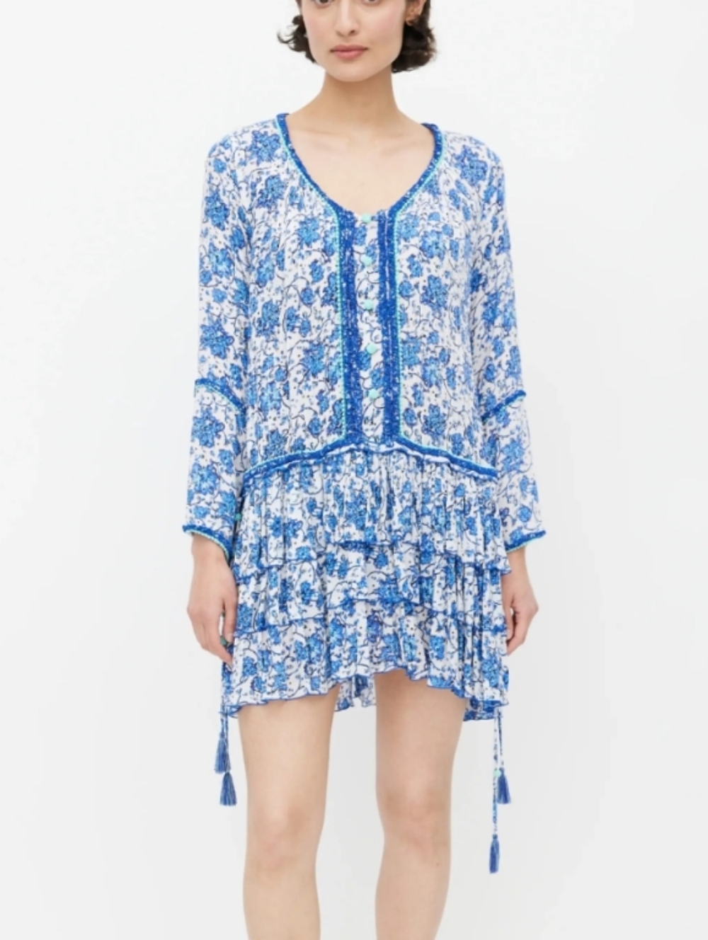 Poupette St Barth Floral Ruffled Mini Dress Long Sleeve Tassles